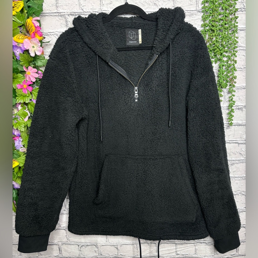 -Original Use Unisex Black Quarter Zip Sherpa Oversized Pullover Hoodie Size S